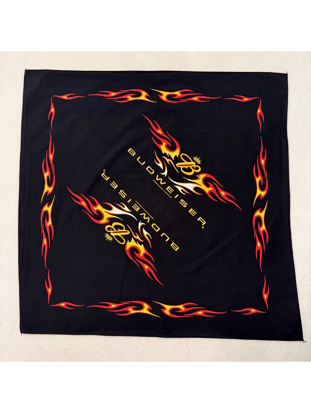 Vintage 2005 Budweiser Flame Bandana 25.2x25" Black Red Yellow FLAW READ